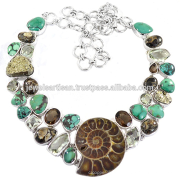 Ammonite And Multi Gemstone 925 Solid Silver Necklace Jewelry